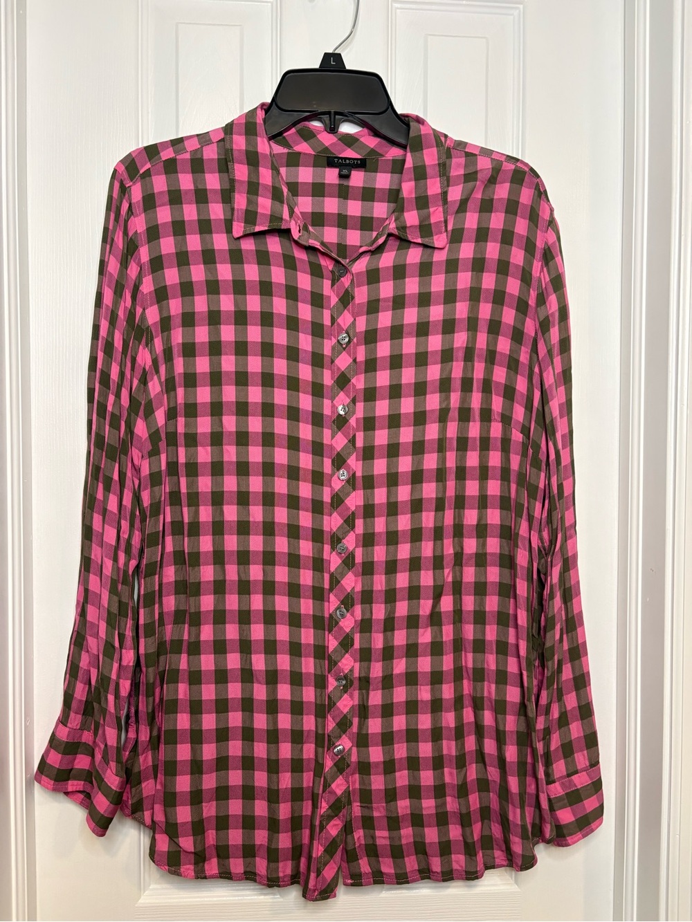 Talbots pink and green plaid checkered  long-sleeve button-down blouse XL Rayon
